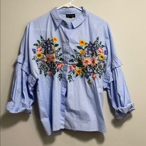 Top shop Embroidered Blue Balloon Sleeve Top